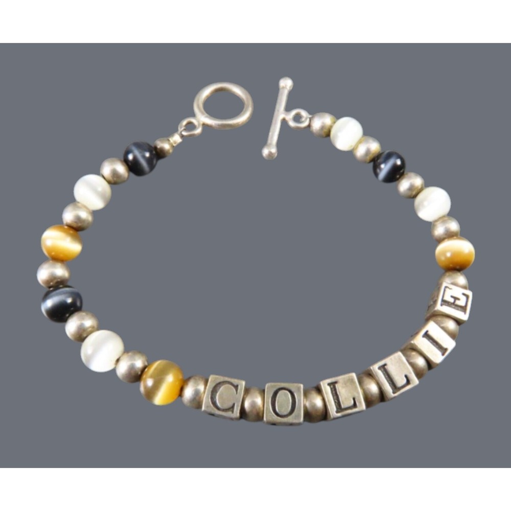 Beaded Bracelet STERLING SILVER Collie Dog Lover Mono TIGER'S EYE ONYX MOP BEADS